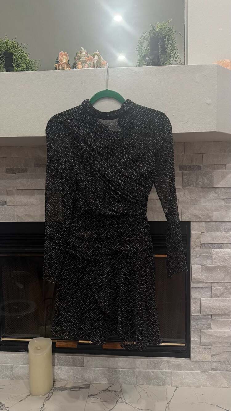 Zara Black Polka Dot Mini Dress XS Long Sleeve Ruched Metallic Detail